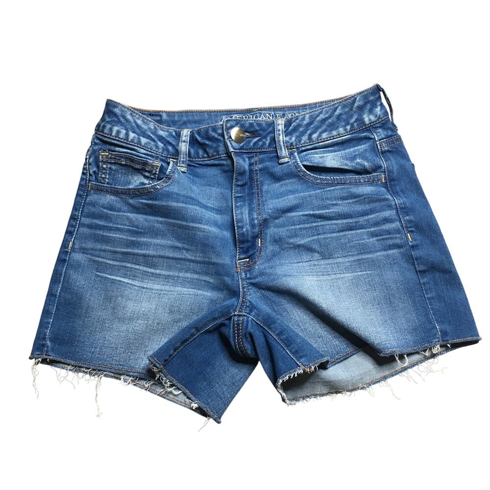 American Eagle Outfitters Super Stretch Hi Rise Shortie Blue Wash Raw Hem US 6